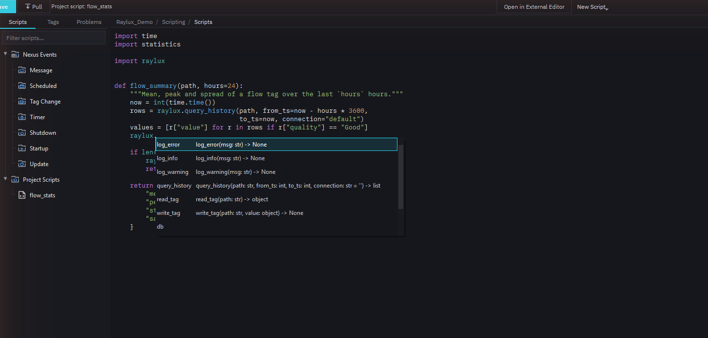 The Studio script editor: a project script named flow_stats uses Python's statistics module on tag history, and typing raylux. lists log_error, log_info, log_warning, query_history, read_tag, write_tag and db with their signatures.