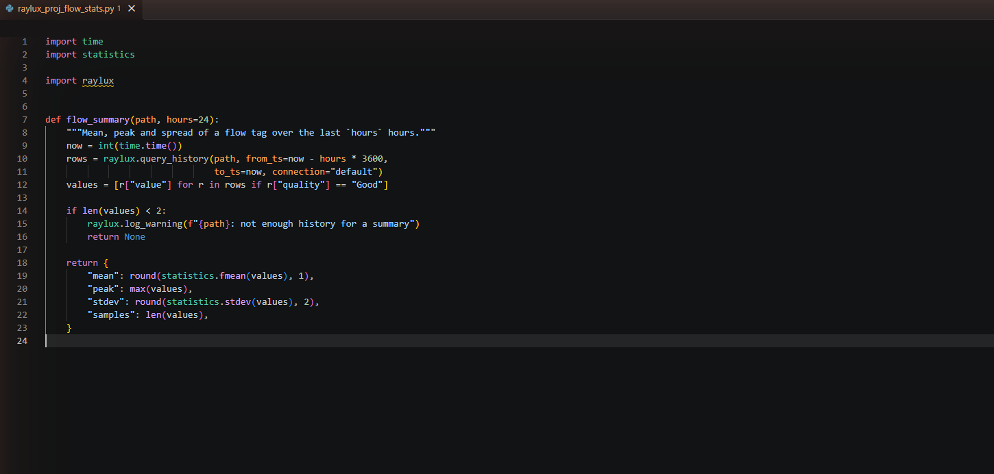 The same flow_stats script open in Visual Studio Code with Python syntax highlighting.