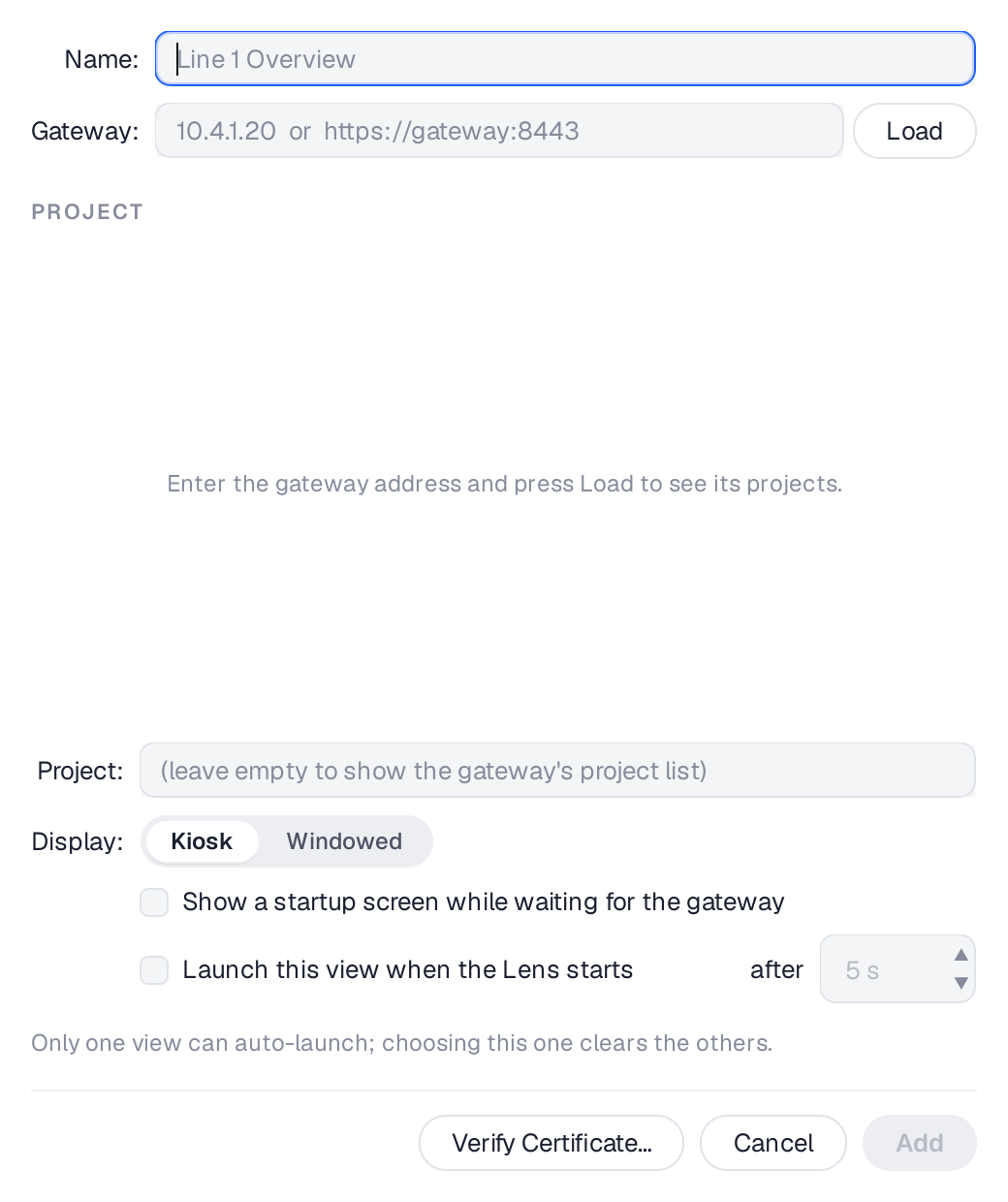 Lens's Add View dialog, empty, with Name, Gateway and Project fields