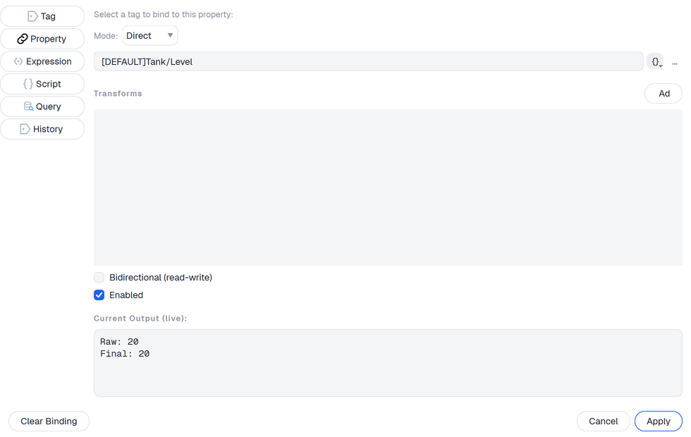 The Binding manager on the Tag page, with the path [DEFAULT]Tank/Level entered and Current Output showing Raw: 20