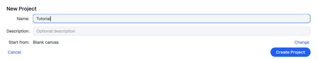 The New project form with Name set to Tutorial, an empty Description and Start from set to Blank canvas