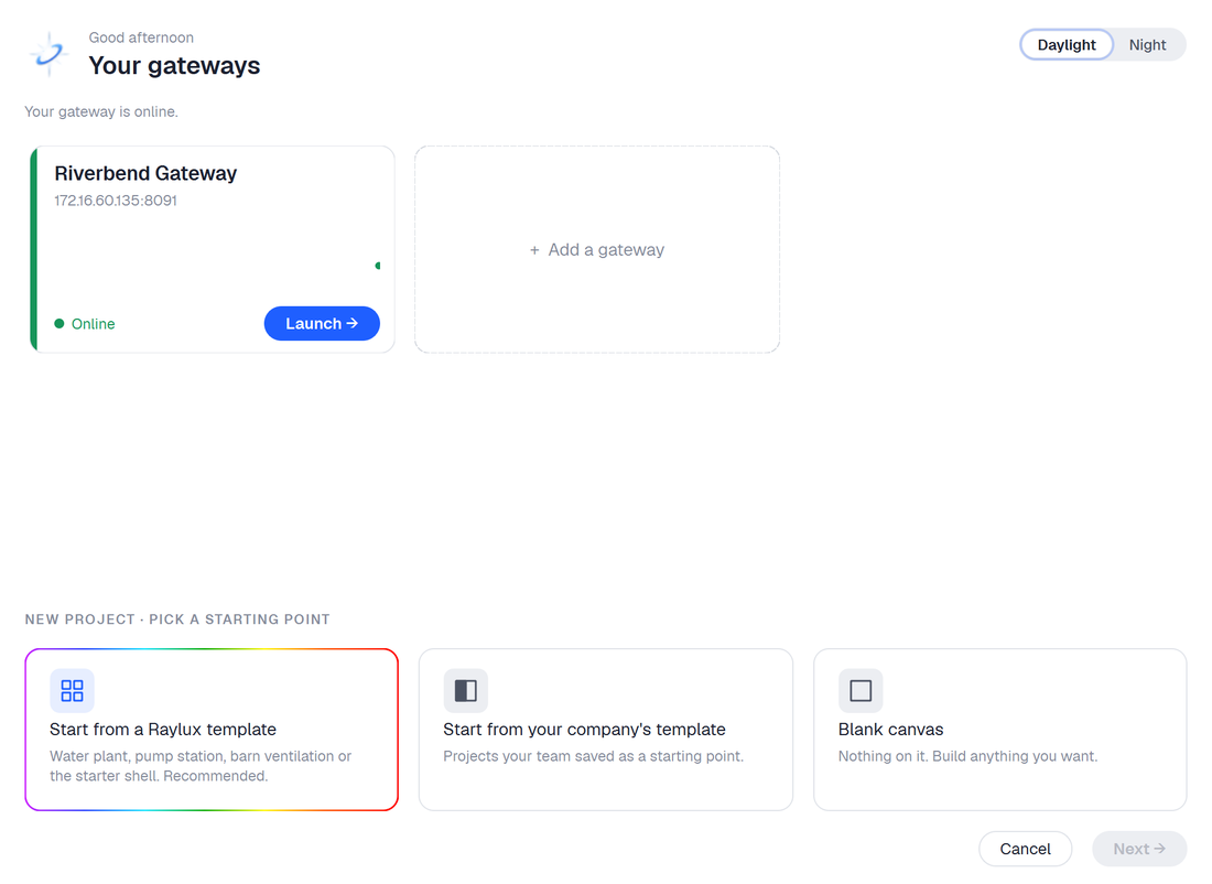 Studio Home with one gateway card, marked Online with a Launch button, an Add a gateway tile, and three ways to start a project below