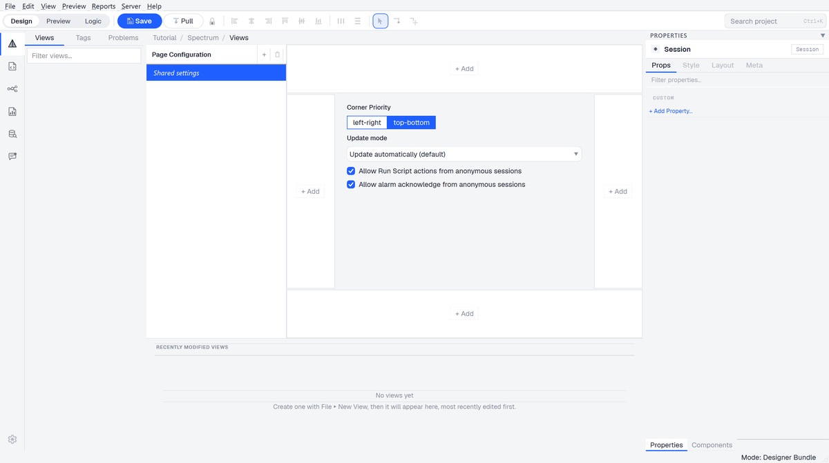 Studio's main window with the Views, Tags and Problems tabs on the left, the Page Configuration editor in the middle, and the Properties panel on the right