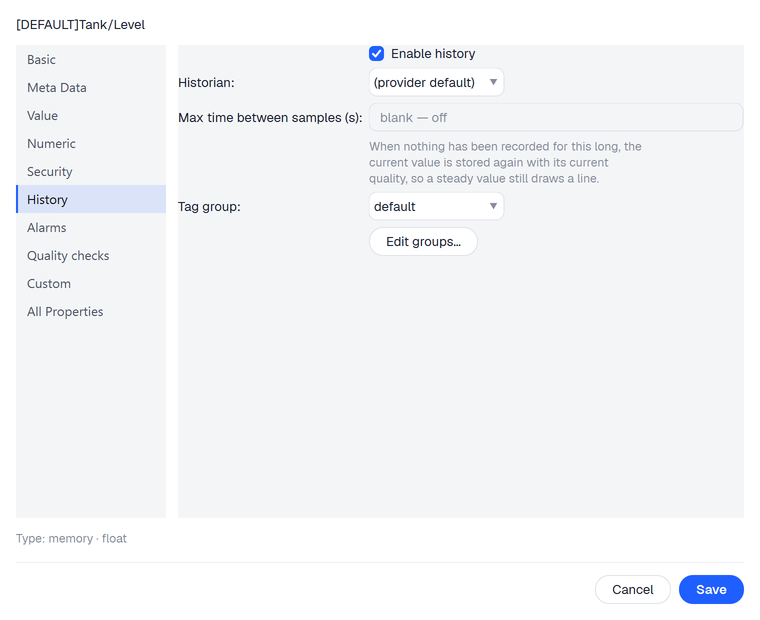 The Tag Editor on the History category, with Enable history ticked and Historian set to provider default