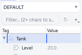 The Tags tab showing the DEFAULT provider, the Tank folder expanded, and Level at 20.0 and PumpRun at false